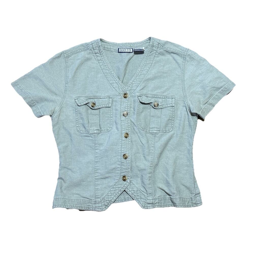 Erika & Co. Vintage Linen Cotton Top S Green Normcore 90s Gathered Back Shirt